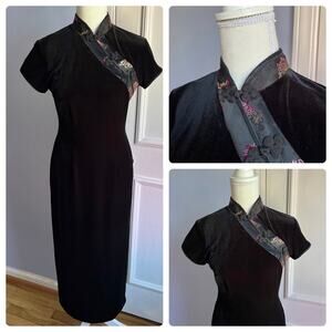 Robbie Bee Y2K Black Velvet Full Length Cheongsam Dress Maxi Size 4 Petite Asian